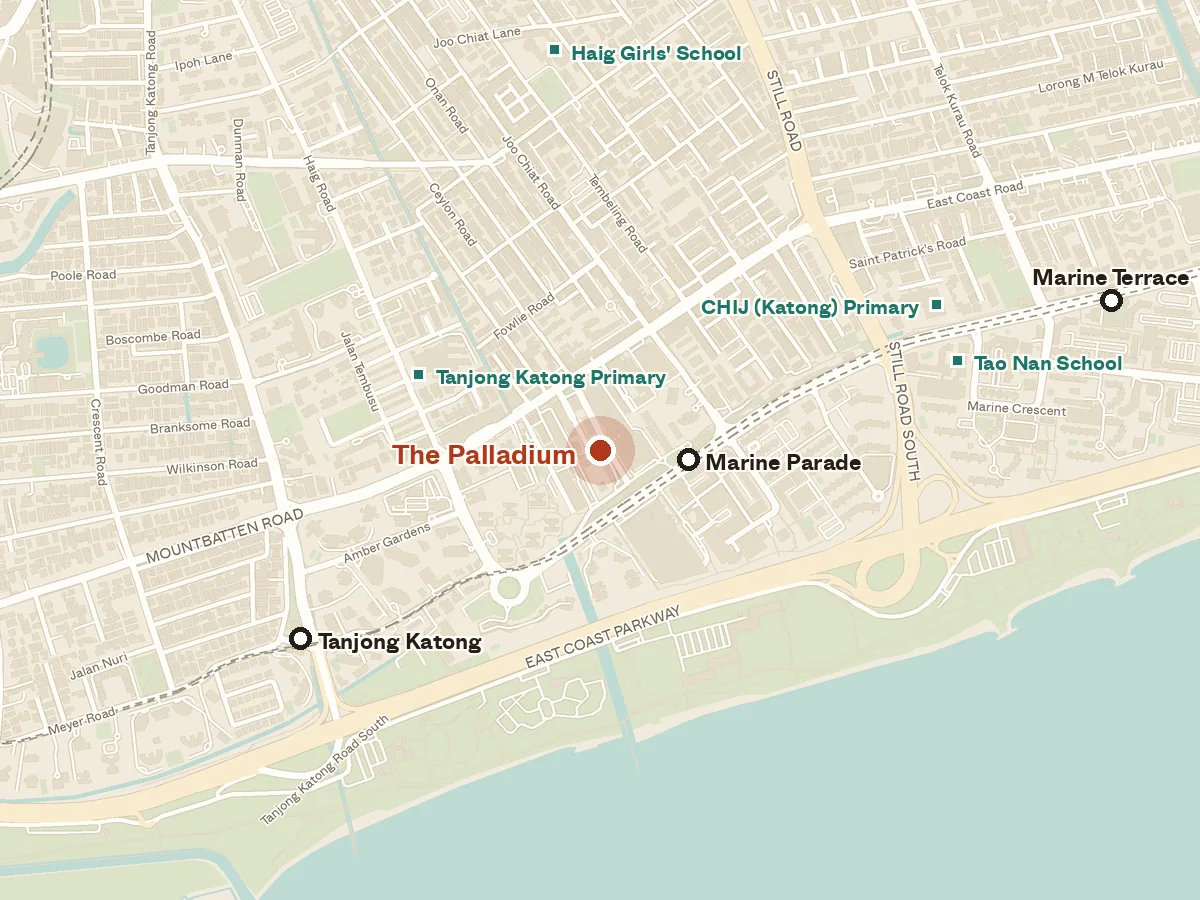 Map of the area around The Palladium, with nearby MRT stations and primary schools