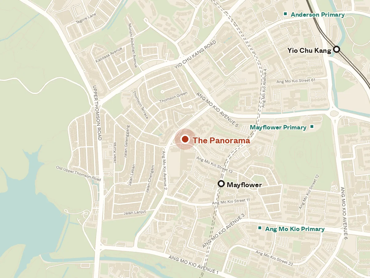 Map of the area around The Panorama, with nearby MRT stations and primary schools