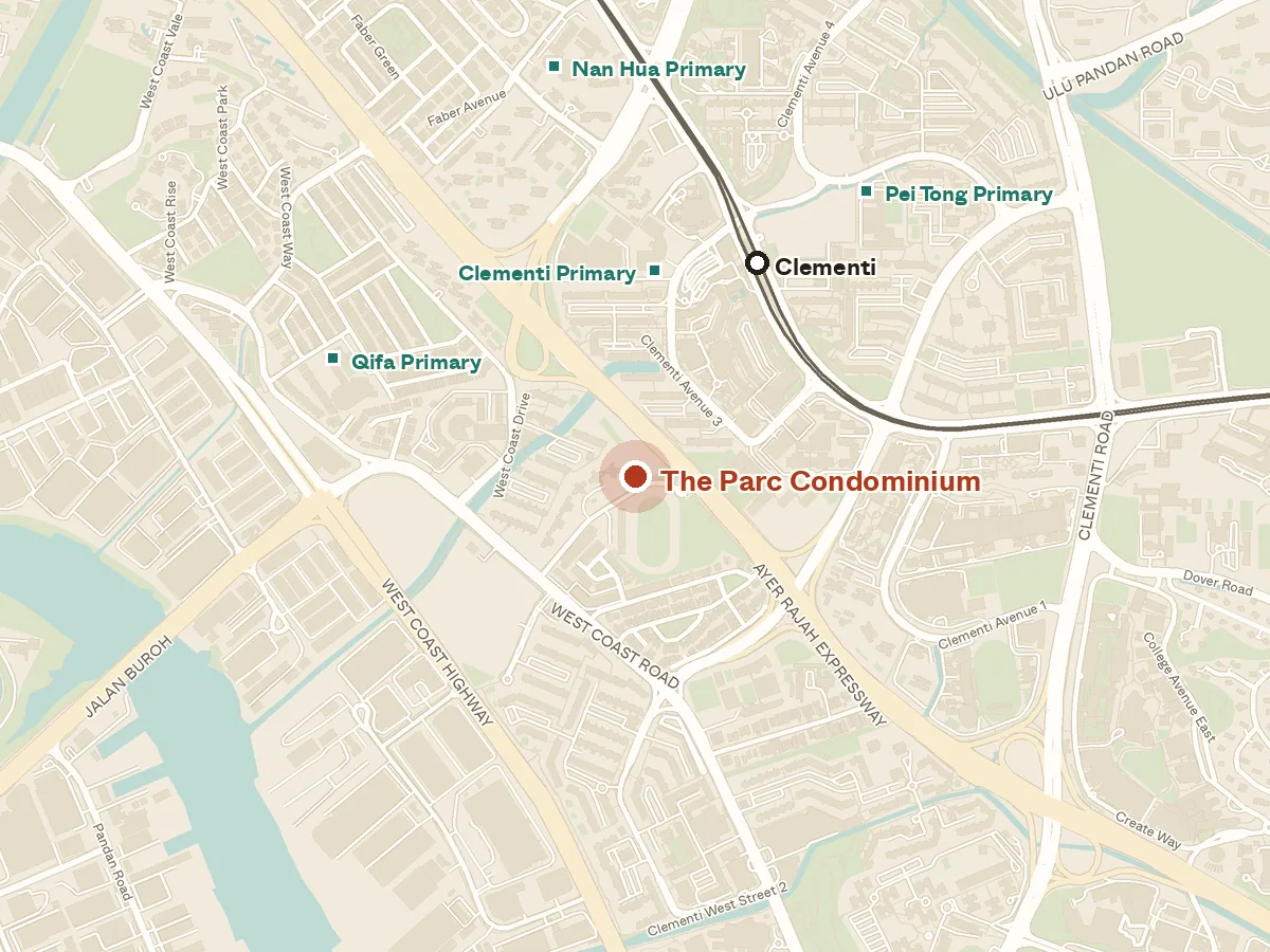 Map of the area around The Parc Condominium, with nearby MRT stations and primary schools