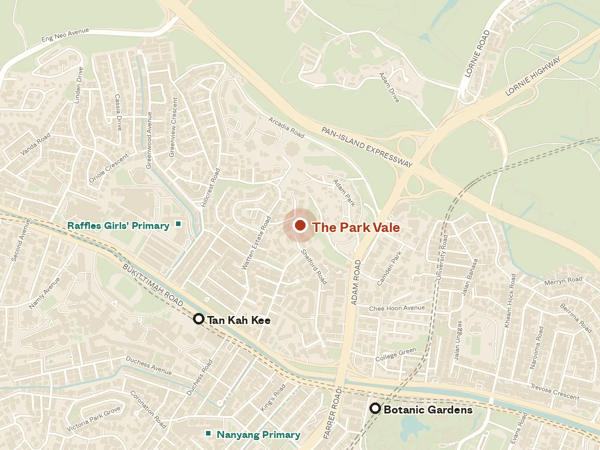 Map of the area around The Park Vale, with nearby MRT stations and primary schools