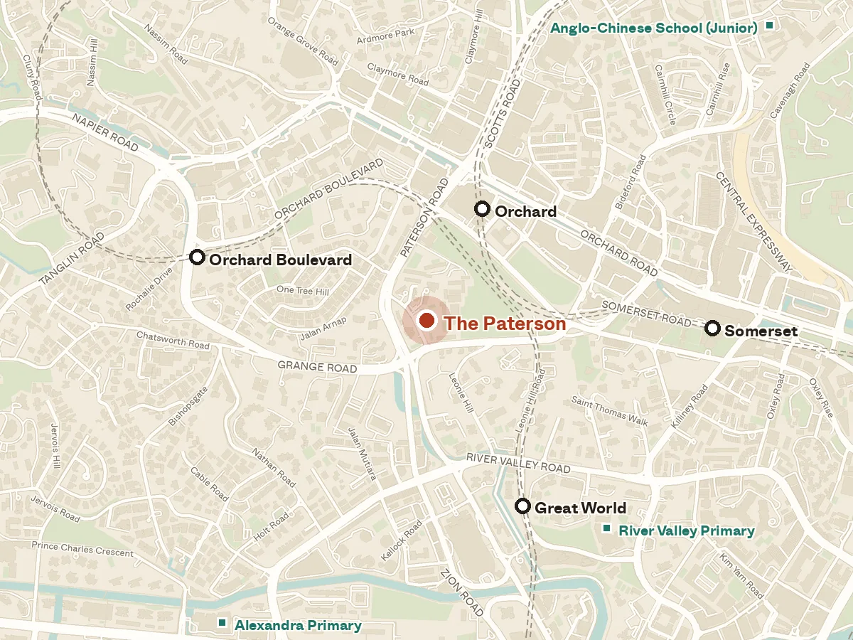 Map of the area around The Paterson, with nearby MRT stations and primary schools