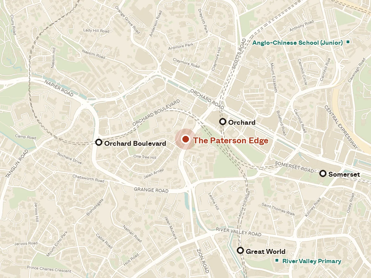 Map of the area around The Paterson Edge, with nearby MRT stations and primary schools