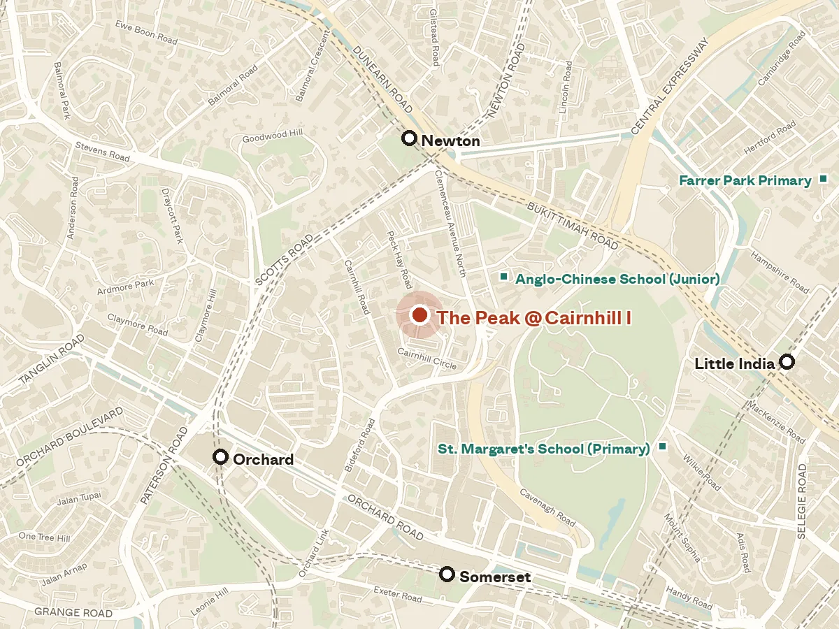 Map of the area around The Peak @ Cairnhill I, with nearby MRT stations and primary schools