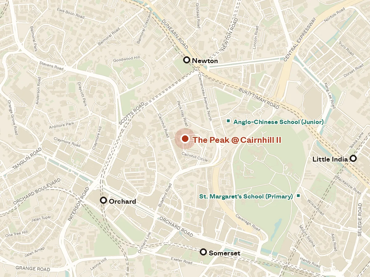Map of the area around The Peak @ Cairnhill Ii, with nearby MRT stations and primary schools