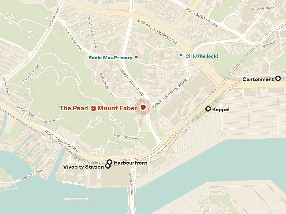 Map of the area around The Pearl @ Mount Faber, with nearby MRT stations and primary schools