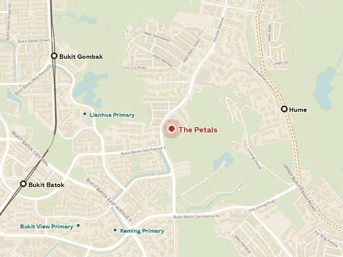 Map of the area around The Petals, with nearby MRT stations and primary schools