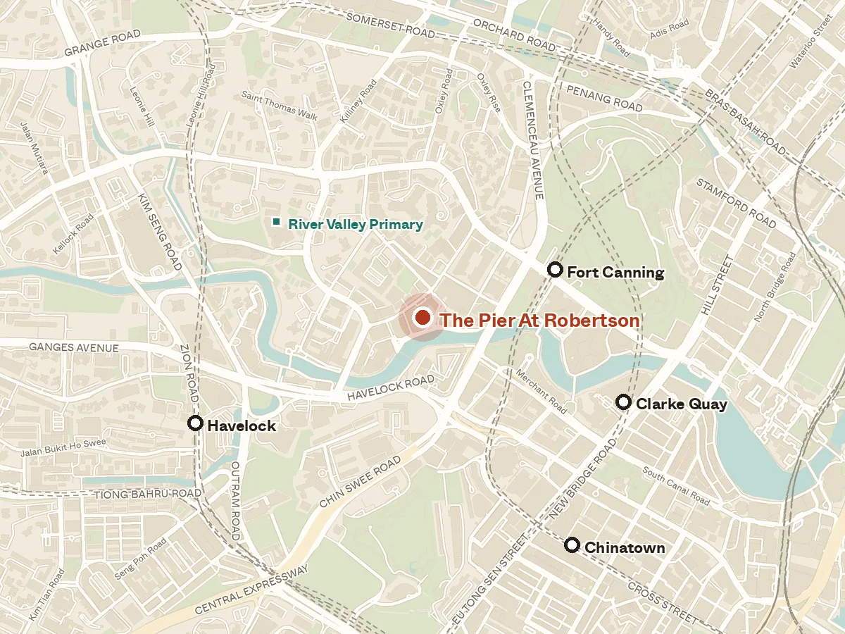 Map of the area around The Pier At Robertson, with nearby MRT stations and primary schools