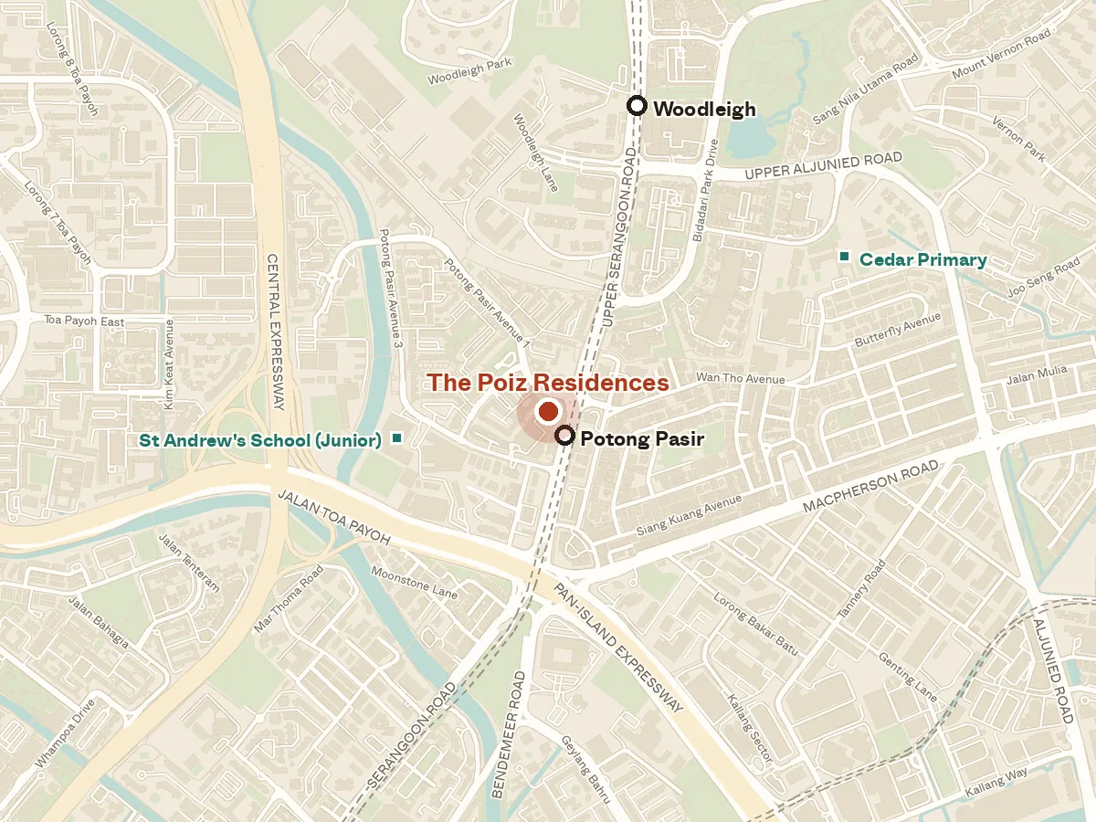Map of the area around The Poiz Residences, with nearby MRT stations and primary schools