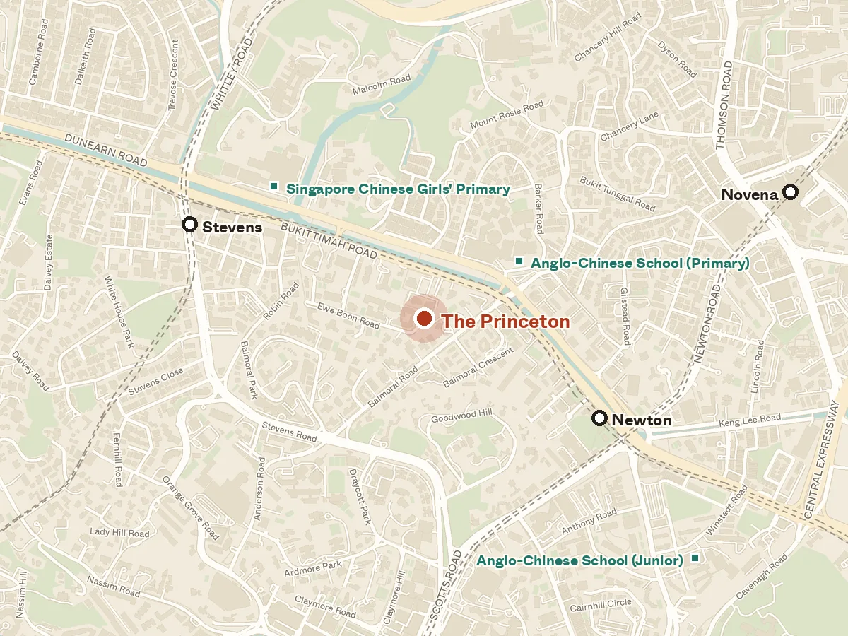 Map of the area around The Princeton, with nearby MRT stations and primary schools