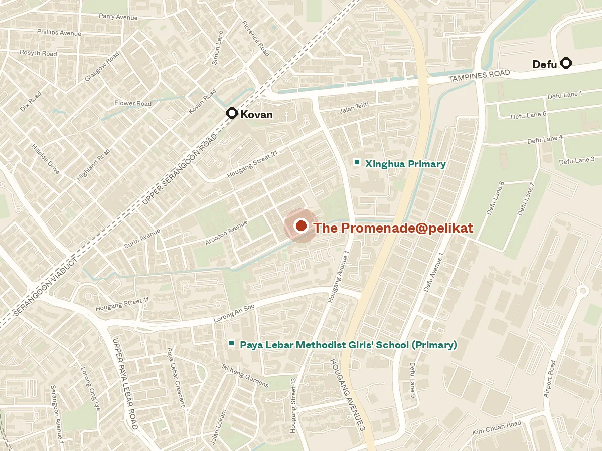 Map of the area around The Promenade@pelikat, with nearby MRT stations and primary schools