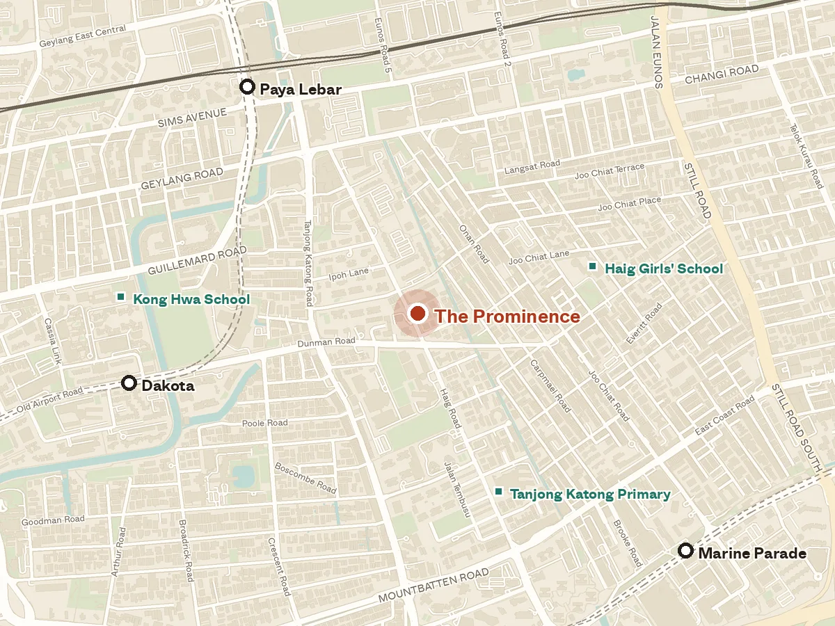 Map of the area around The Prominence, with nearby MRT stations and primary schools