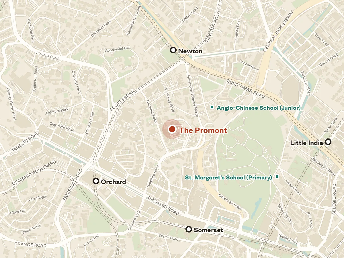 Map of the area around The Promont, with nearby MRT stations and primary schools