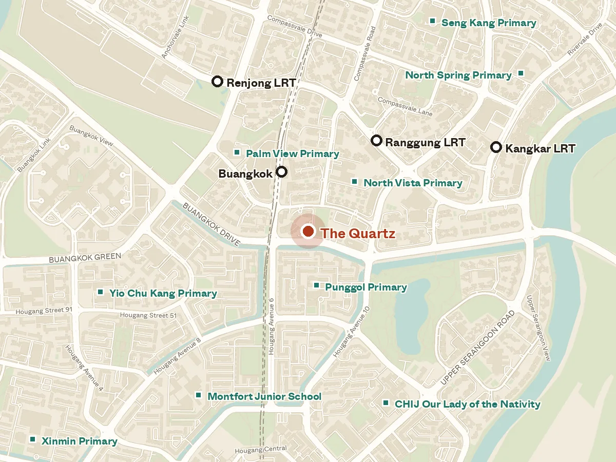 Map of the area around The Quartz, with nearby MRT stations and primary schools