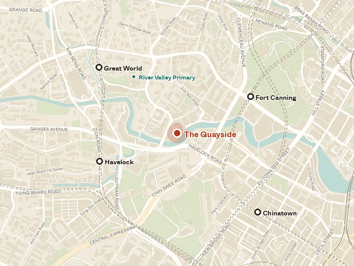 Map of the area around The Quayside, with nearby MRT stations and primary schools