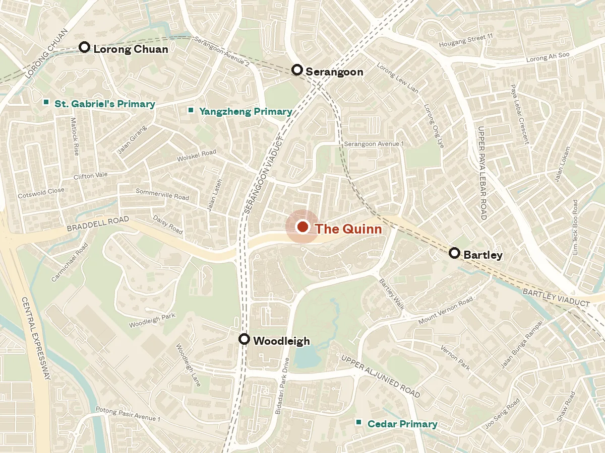 Map of the area around The Quinn, with nearby MRT stations and primary schools