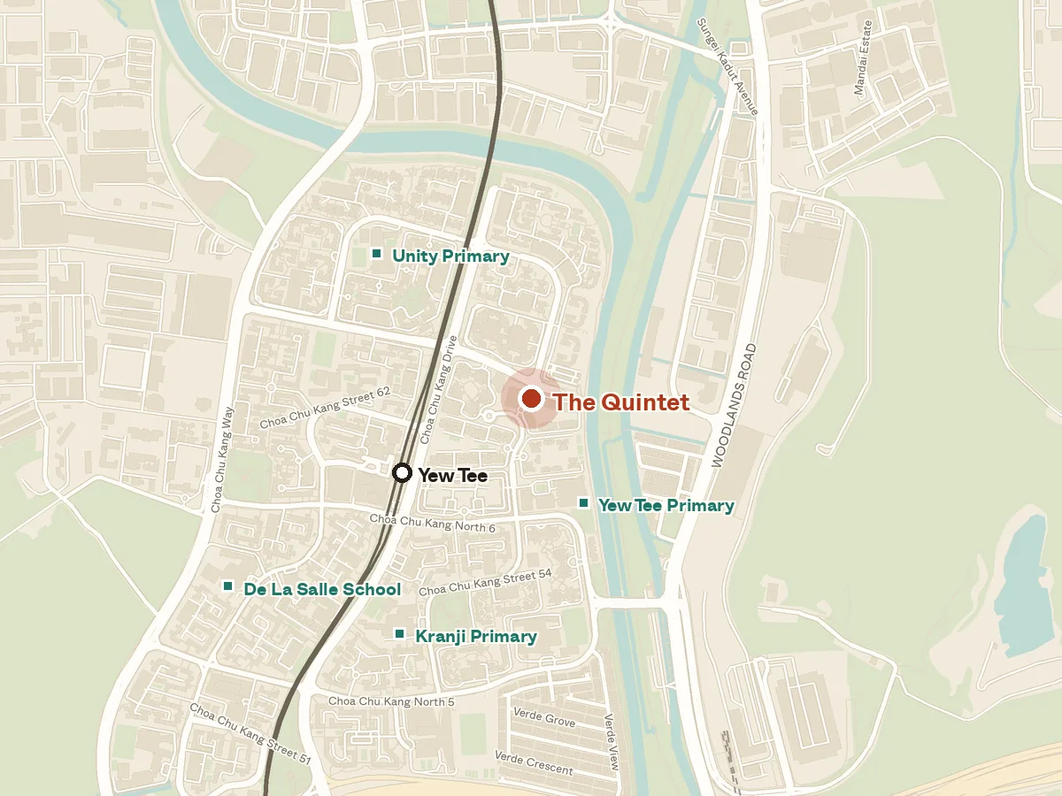 Map of the area around The Quintet, with nearby MRT stations and primary schools