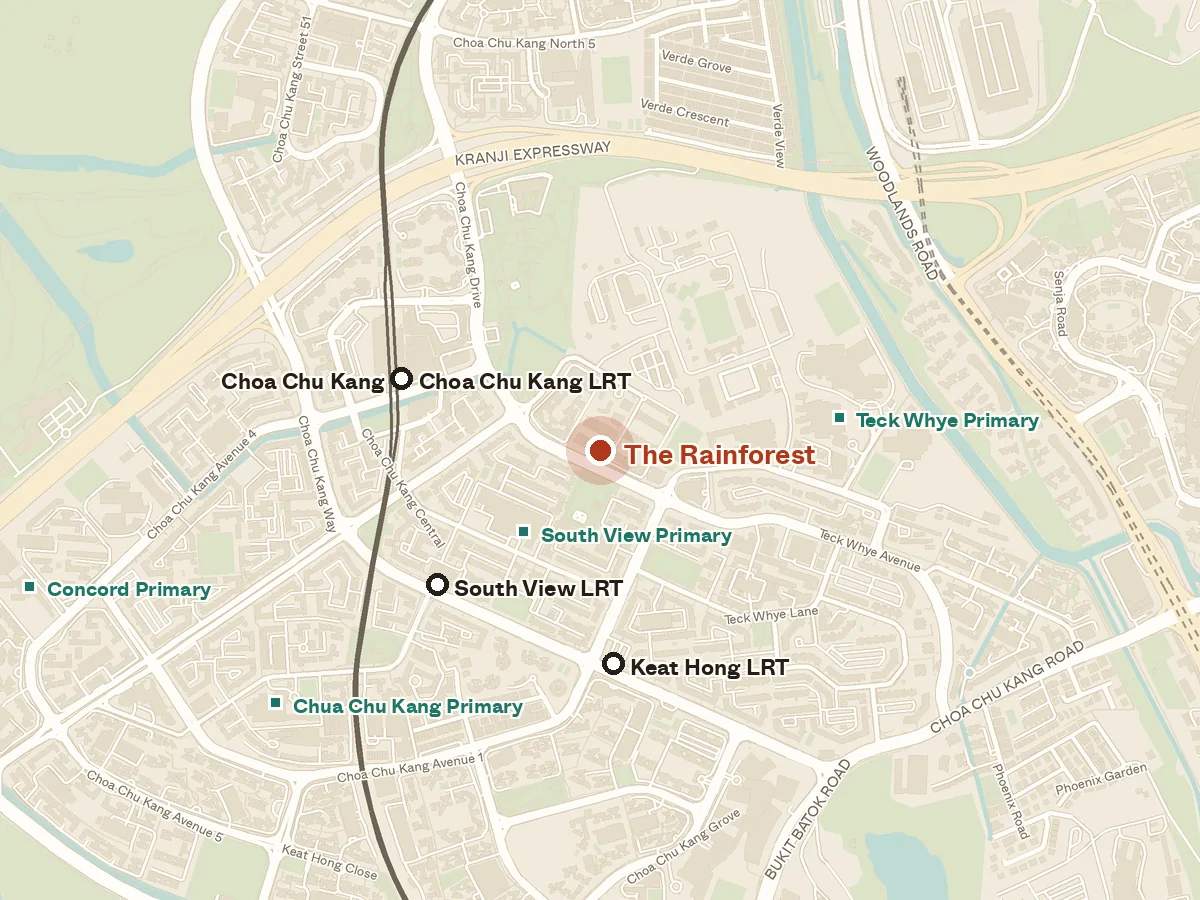 Map of the area around The Rainforest, with nearby MRT stations and primary schools