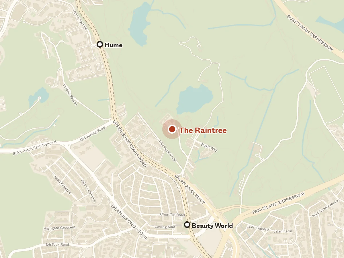 Map of the area around The Raintree, with nearby MRT stations and primary schools