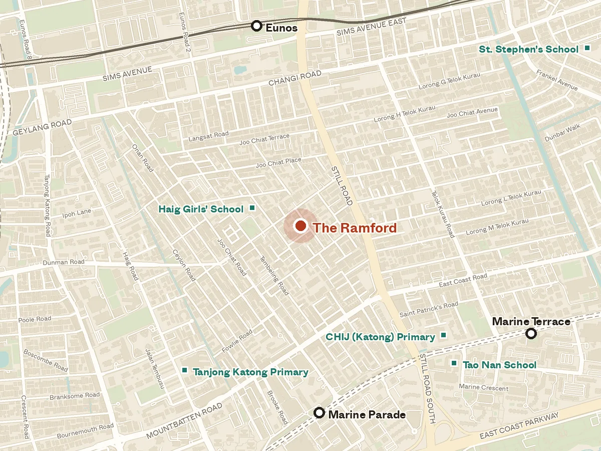 Map of the area around The Ramford, with nearby MRT stations and primary schools