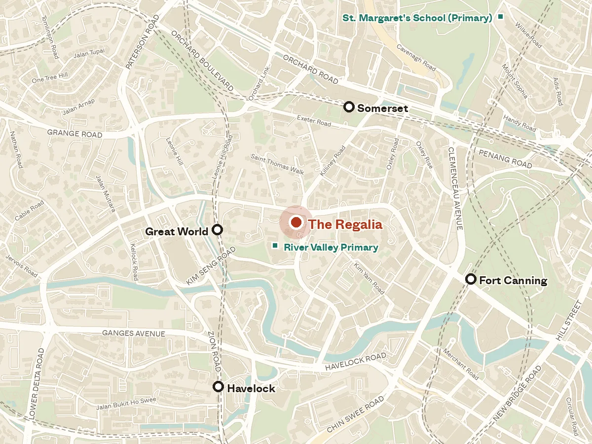 Map of the area around The Regalia, with nearby MRT stations and primary schools