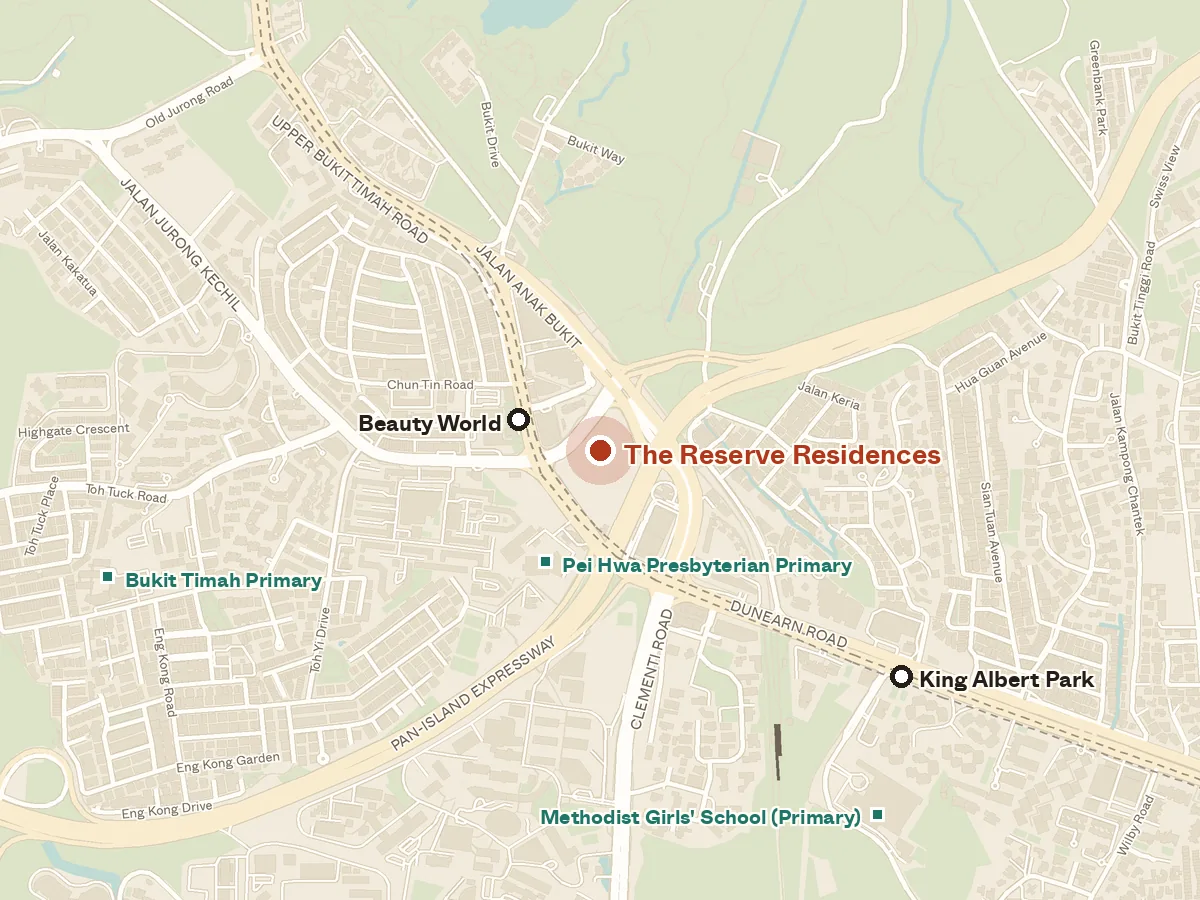 Map of the area around The Reserve Residences, with nearby MRT stations and primary schools