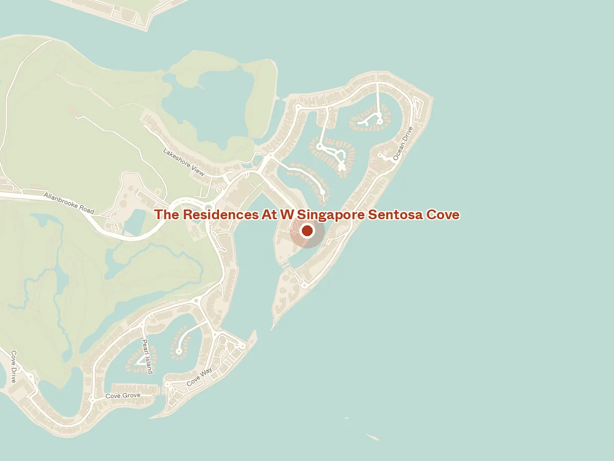 Map of the area around The Residences At W Singapore Sentosa Cove, with nearby MRT stations and primary schools