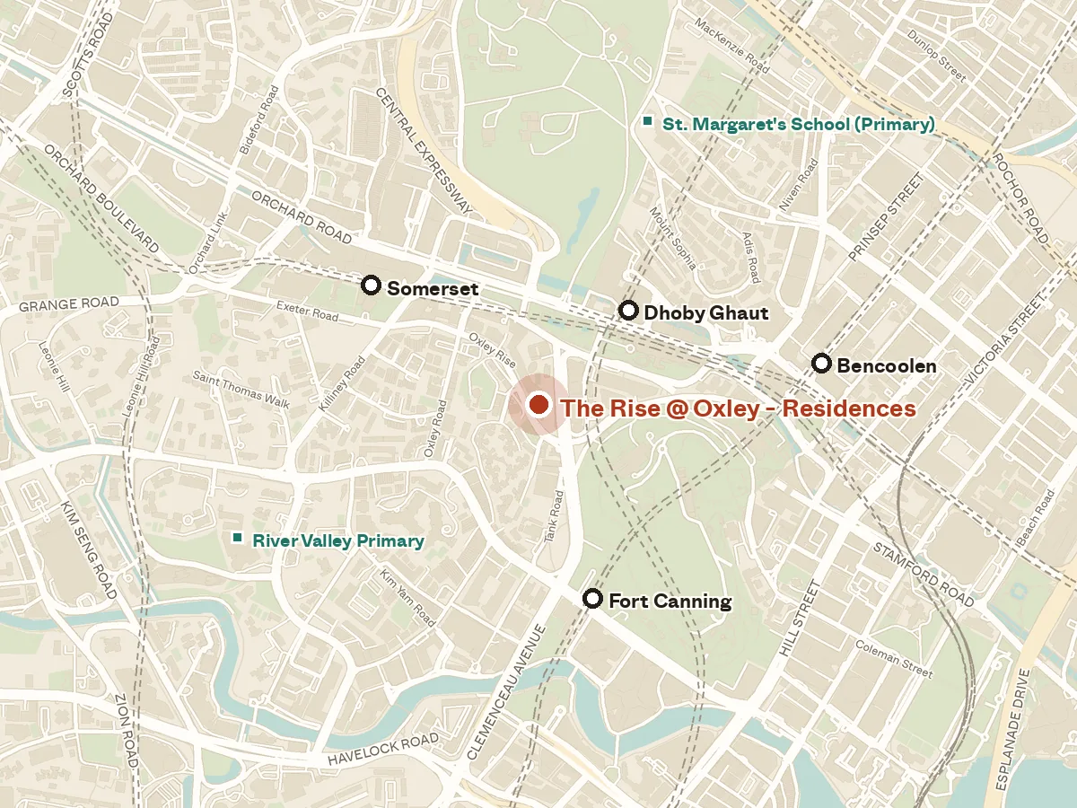 Map of the area around The Rise @ Oxley - Residences, with nearby MRT stations and primary schools