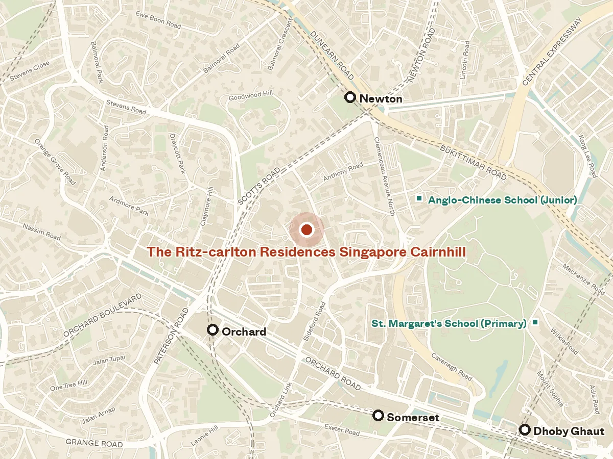 Map of the area around The Ritz-carlton Residences Singapore Cairnhill, with nearby MRT stations and primary schools