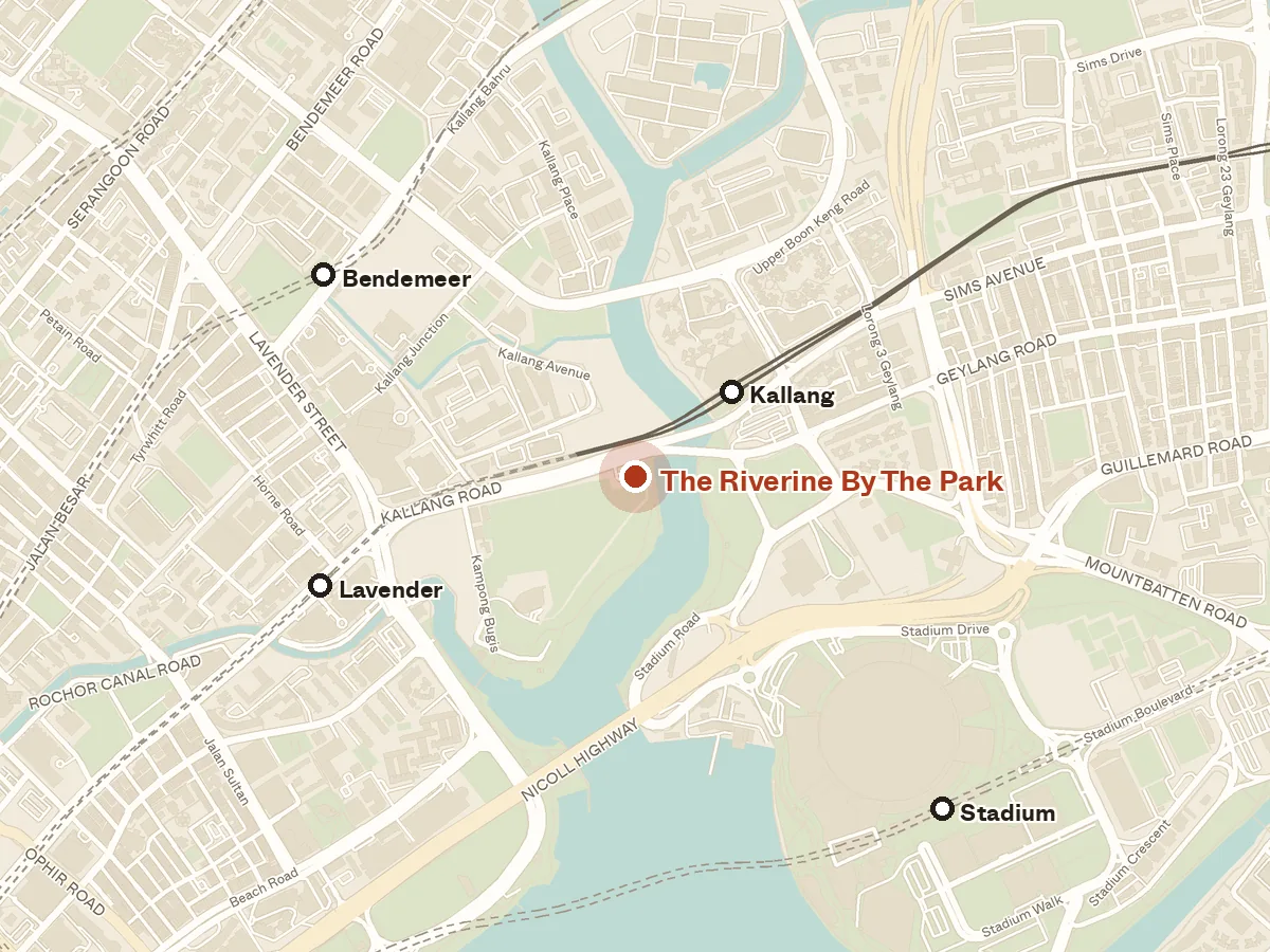 Map of the area around The Riverine By The Park, with nearby MRT stations and primary schools