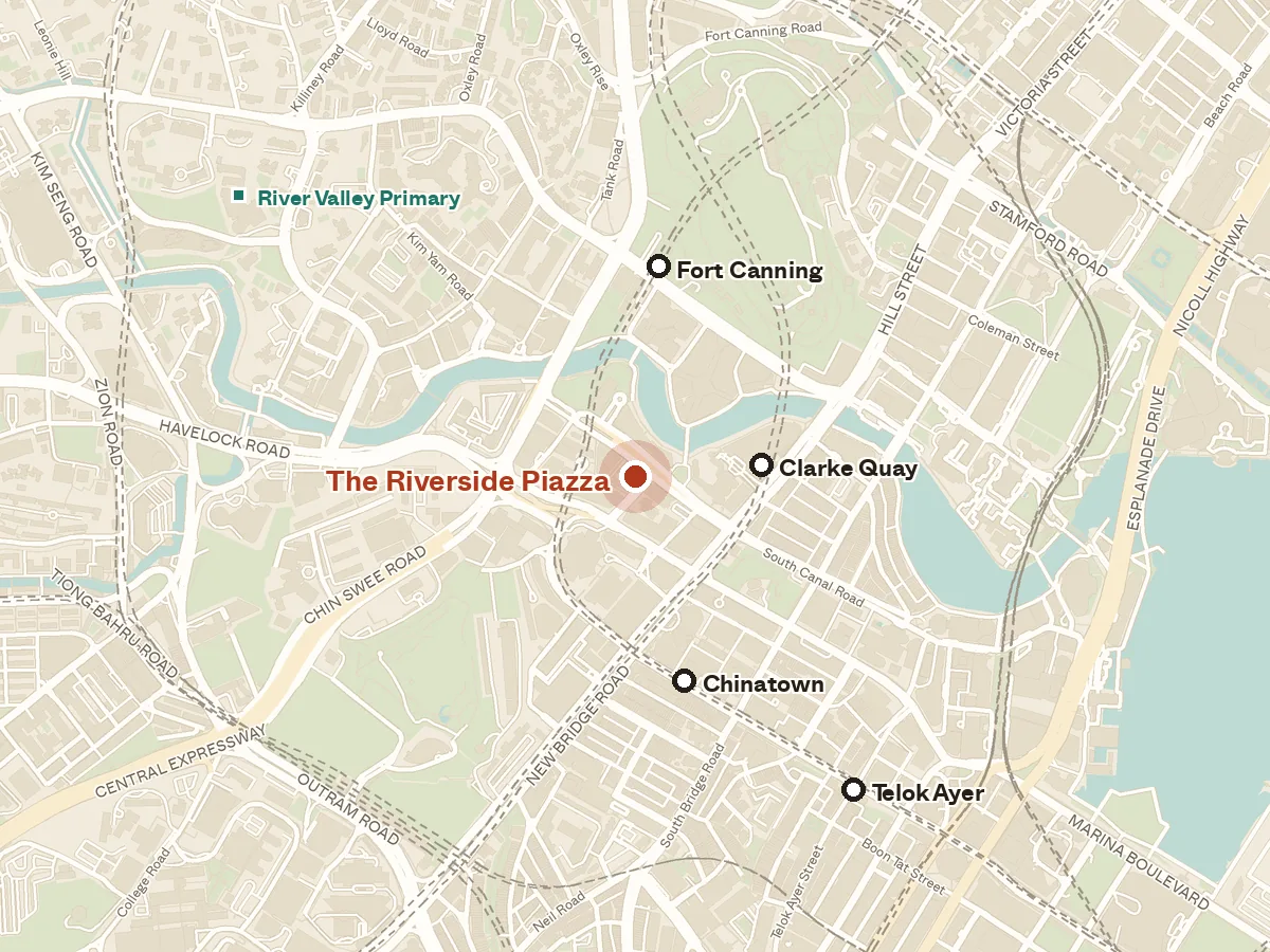 Map of the area around The Riverside Piazza, with nearby MRT stations and primary schools