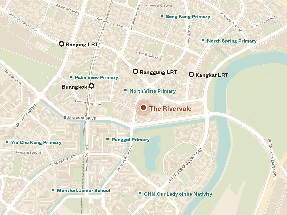 Map of the area around The Rivervale, with nearby MRT stations and primary schools