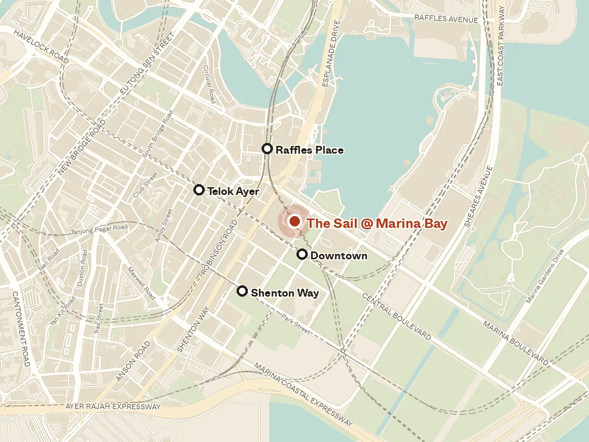 Map of the area around The Sail @ Marina Bay, with nearby MRT stations and primary schools
