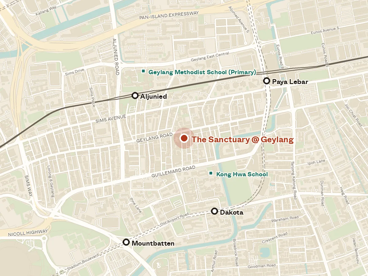 Map of the area around The Sanctuary @ Geylang, with nearby MRT stations and primary schools