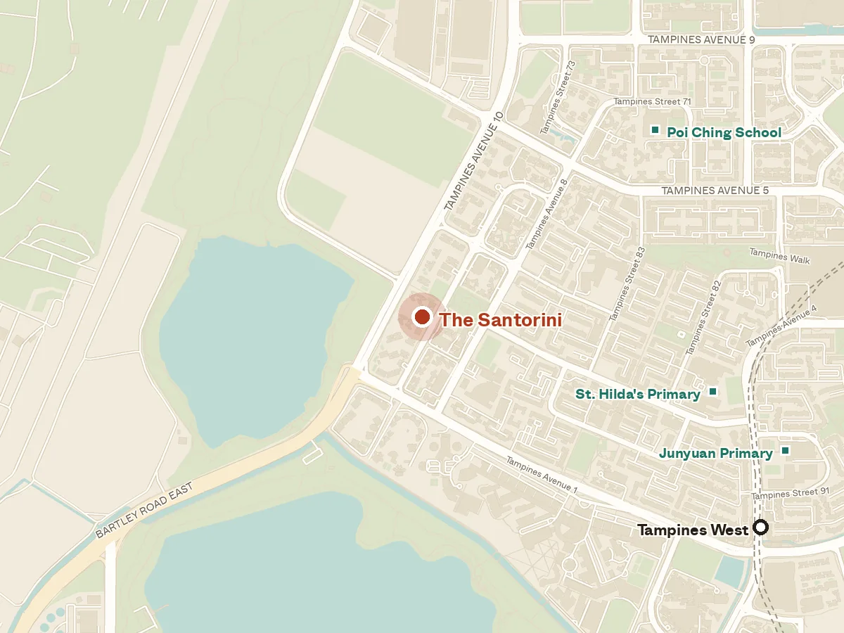 Map of the area around The Santorini, with nearby MRT stations and primary schools