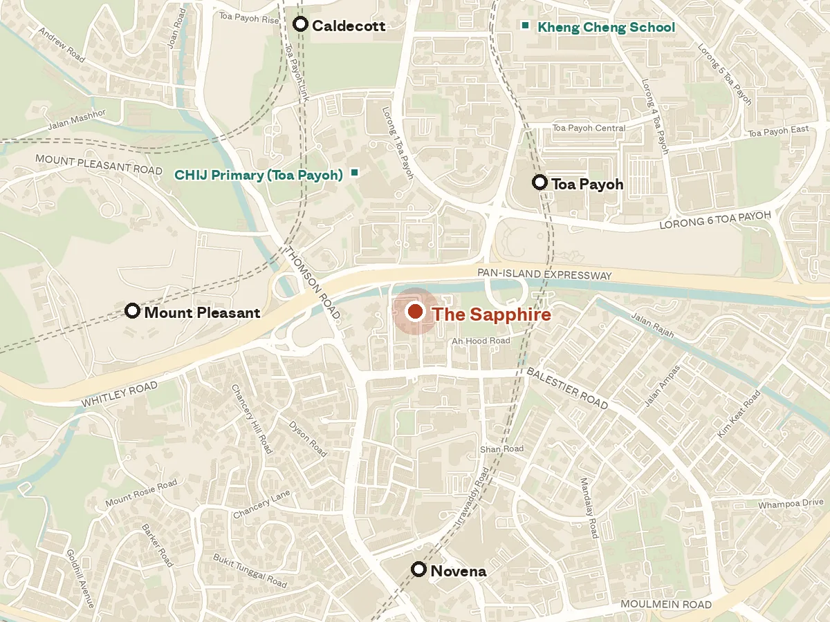 Map of the area around The Sapphire, with nearby MRT stations and primary schools