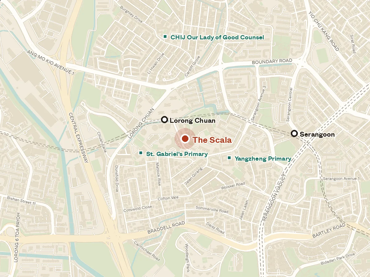 Map of the area around The Scala, with nearby MRT stations and primary schools