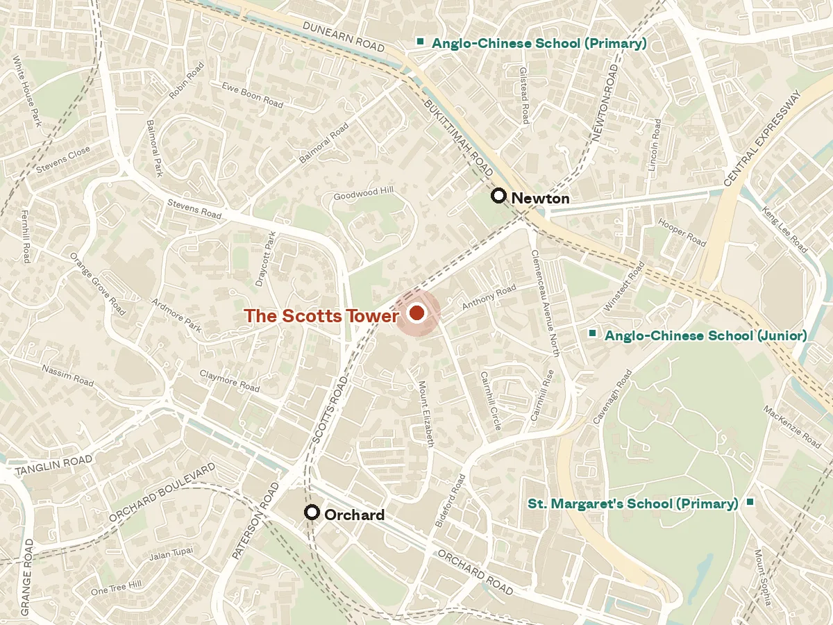 Map of the area around The Scotts Tower, with nearby MRT stations and primary schools