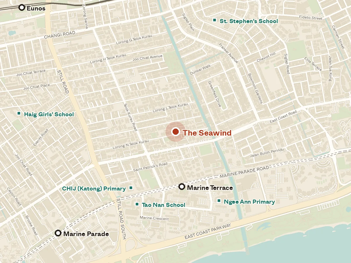 Map of the area around The Seawind, with nearby MRT stations and primary schools