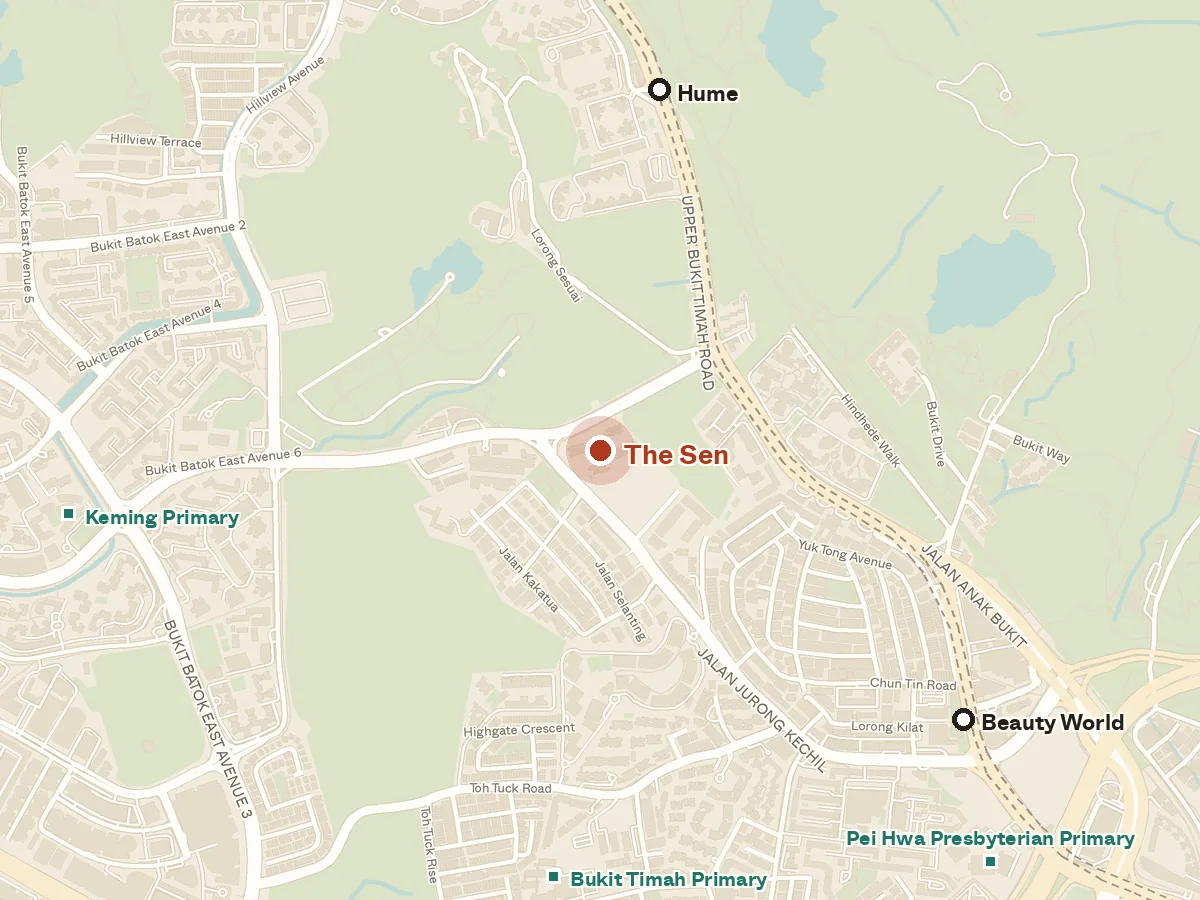 Map of the area around The Sen, with nearby MRT stations and primary schools
