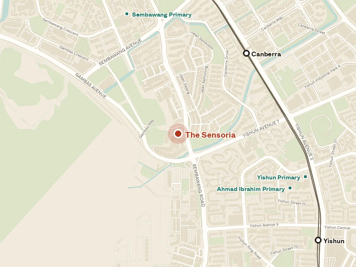 Map of the area around The Sensoria, with nearby MRT stations and primary schools