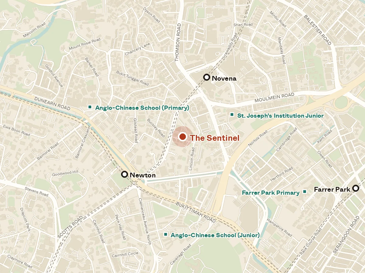 Map of the area around The Sentinel, with nearby MRT stations and primary schools