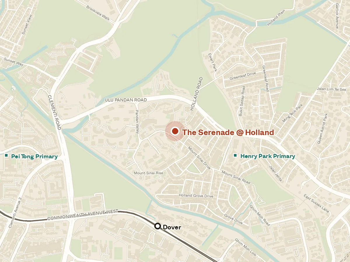 Map of the area around The Serenade @ Holland, with nearby MRT stations and primary schools