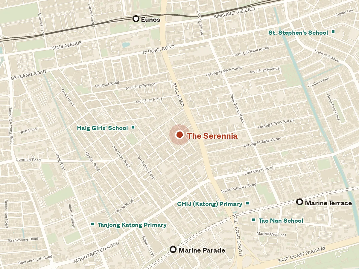 Map of the area around The Serennia, with nearby MRT stations and primary schools