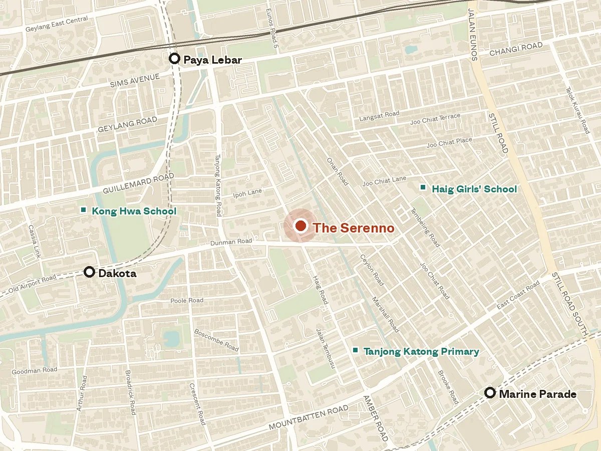 Map of the area around The Serenno, with nearby MRT stations and primary schools
