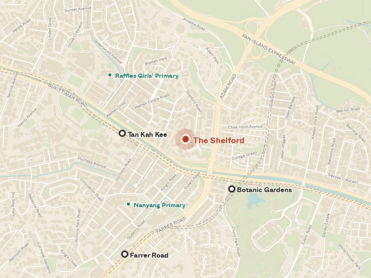 Map of the area around The Shelford, with nearby MRT stations and primary schools