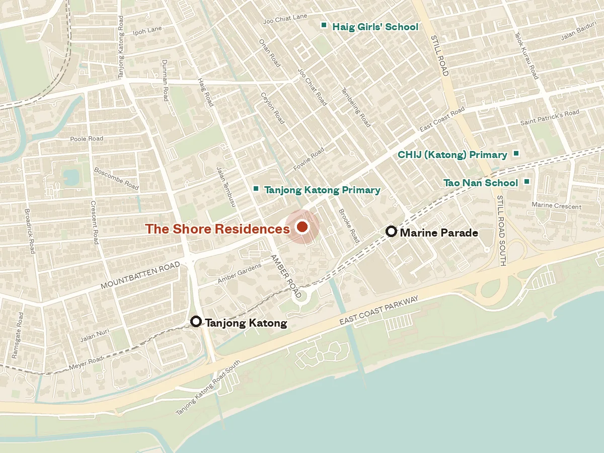 Map of the area around The Shore Residences, with nearby MRT stations and primary schools