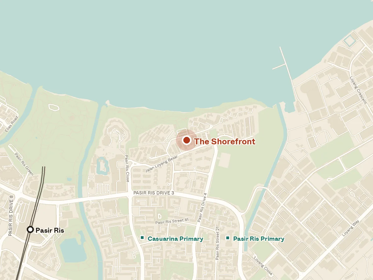 Map of the area around The Shorefront, with nearby MRT stations and primary schools
