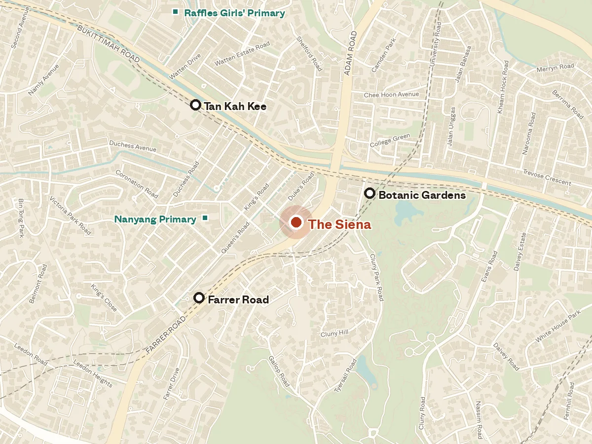 Map of the area around The Siena, with nearby MRT stations and primary schools