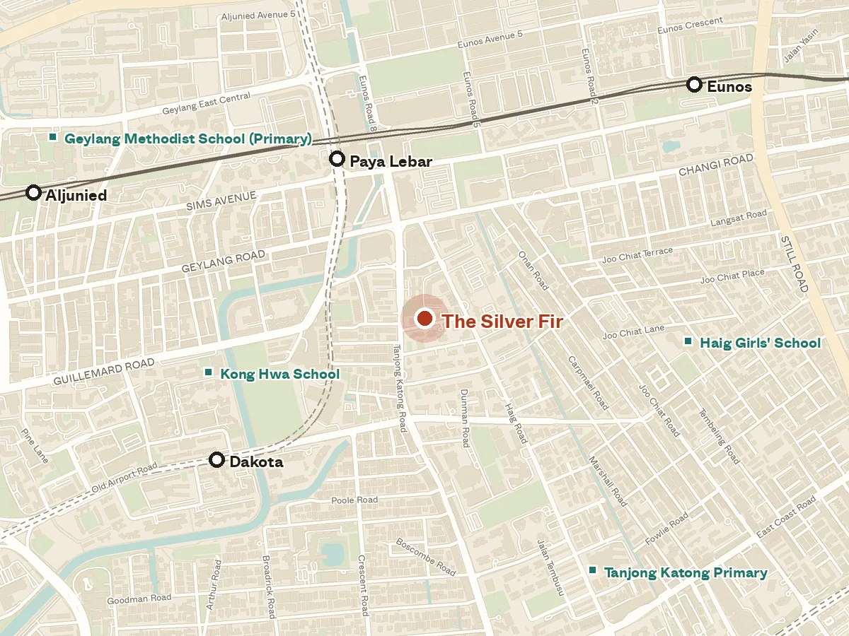 Map of the area around The Silver Fir, with nearby MRT stations and primary schools