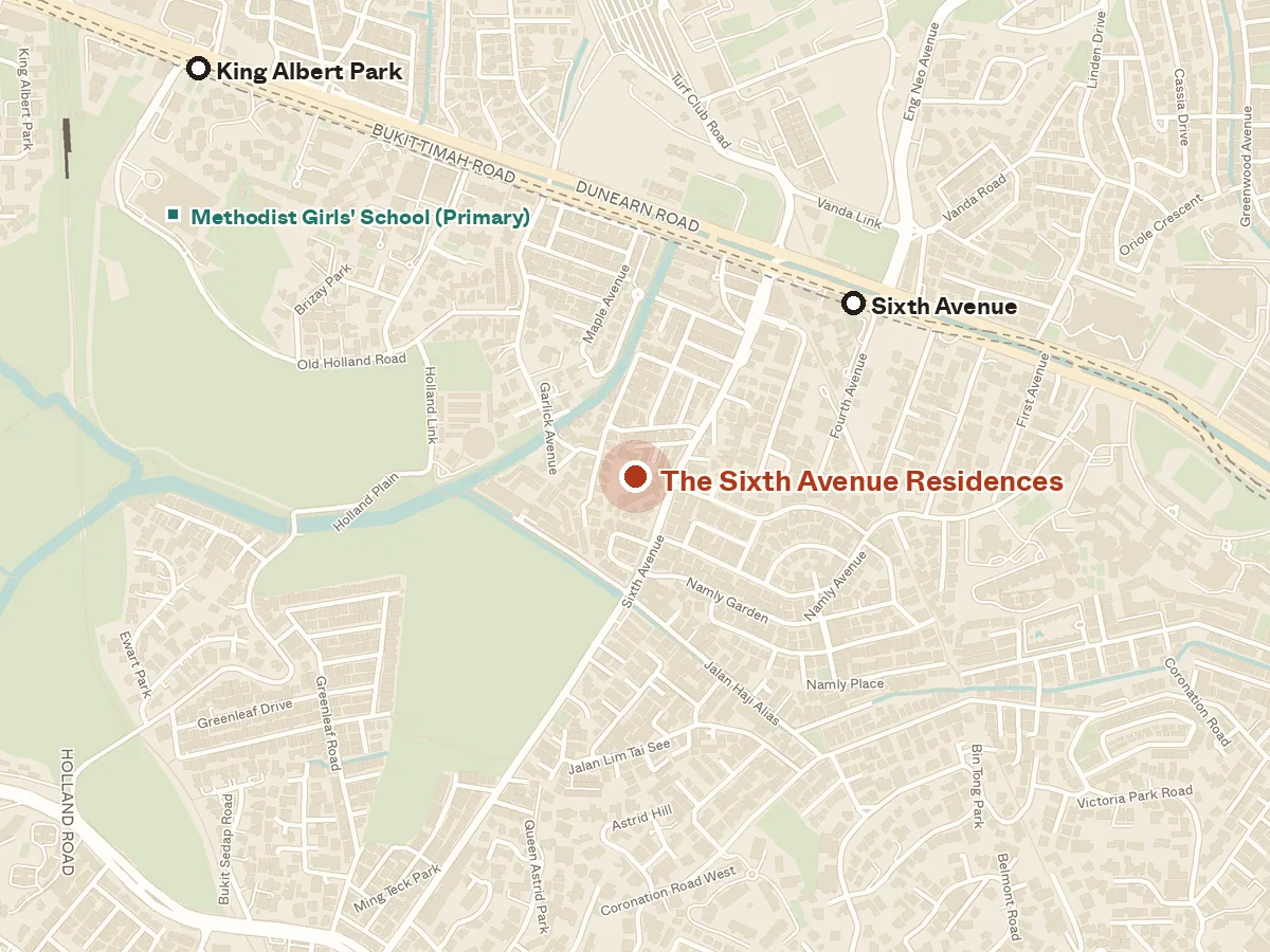 Map of the area around The Sixth Avenue Residences, with nearby MRT stations and primary schools